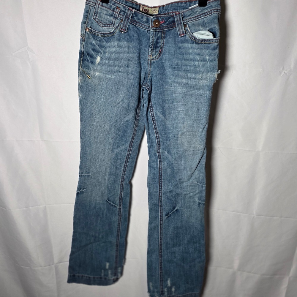 Y2K L.E.I Ashley Ultra Lowrise Jeans Distressed Blue‎ Denim Bootcut Size 3